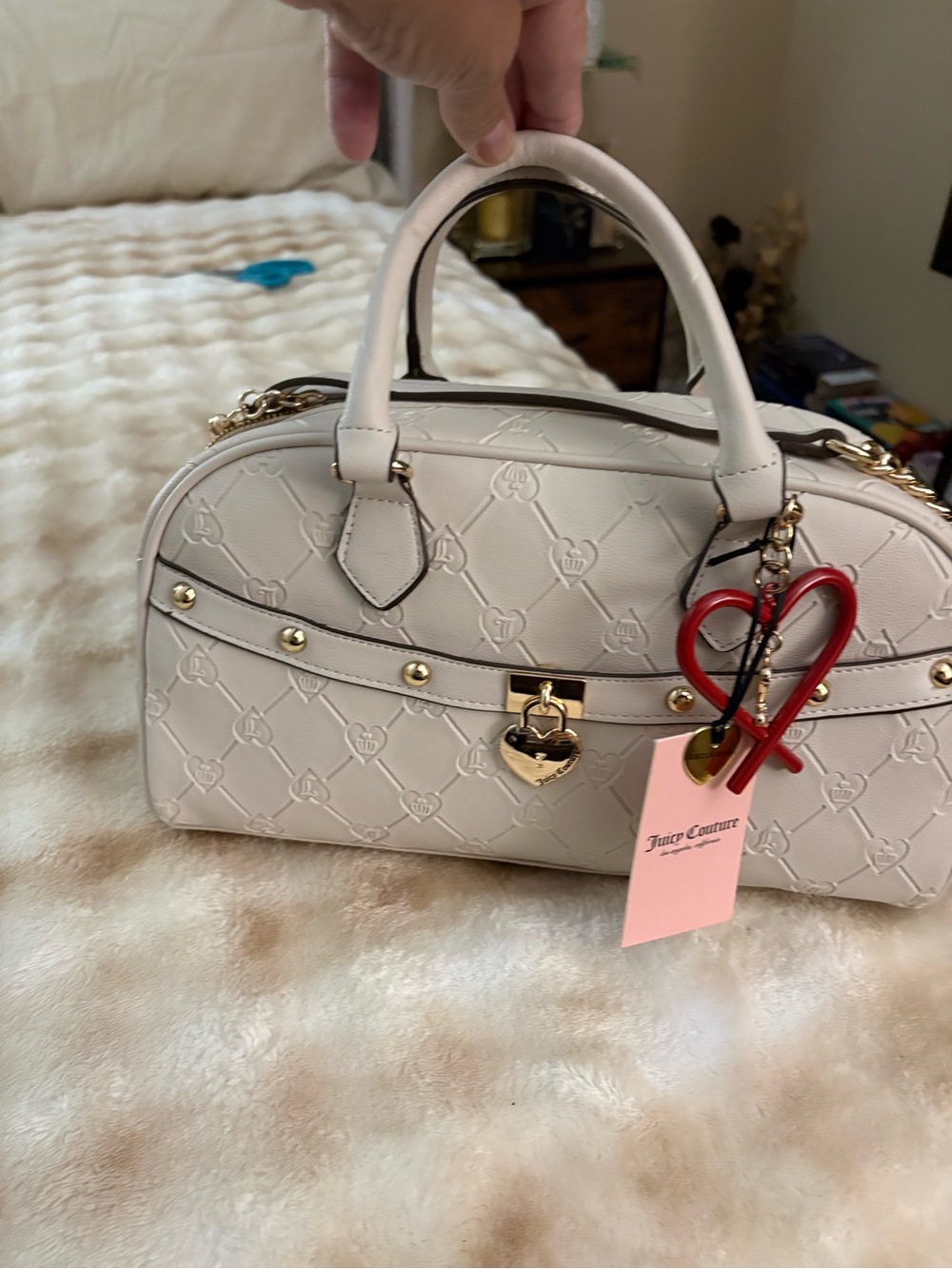 Juicy Couture Cream Quilted Satchel with Red Heart Charm